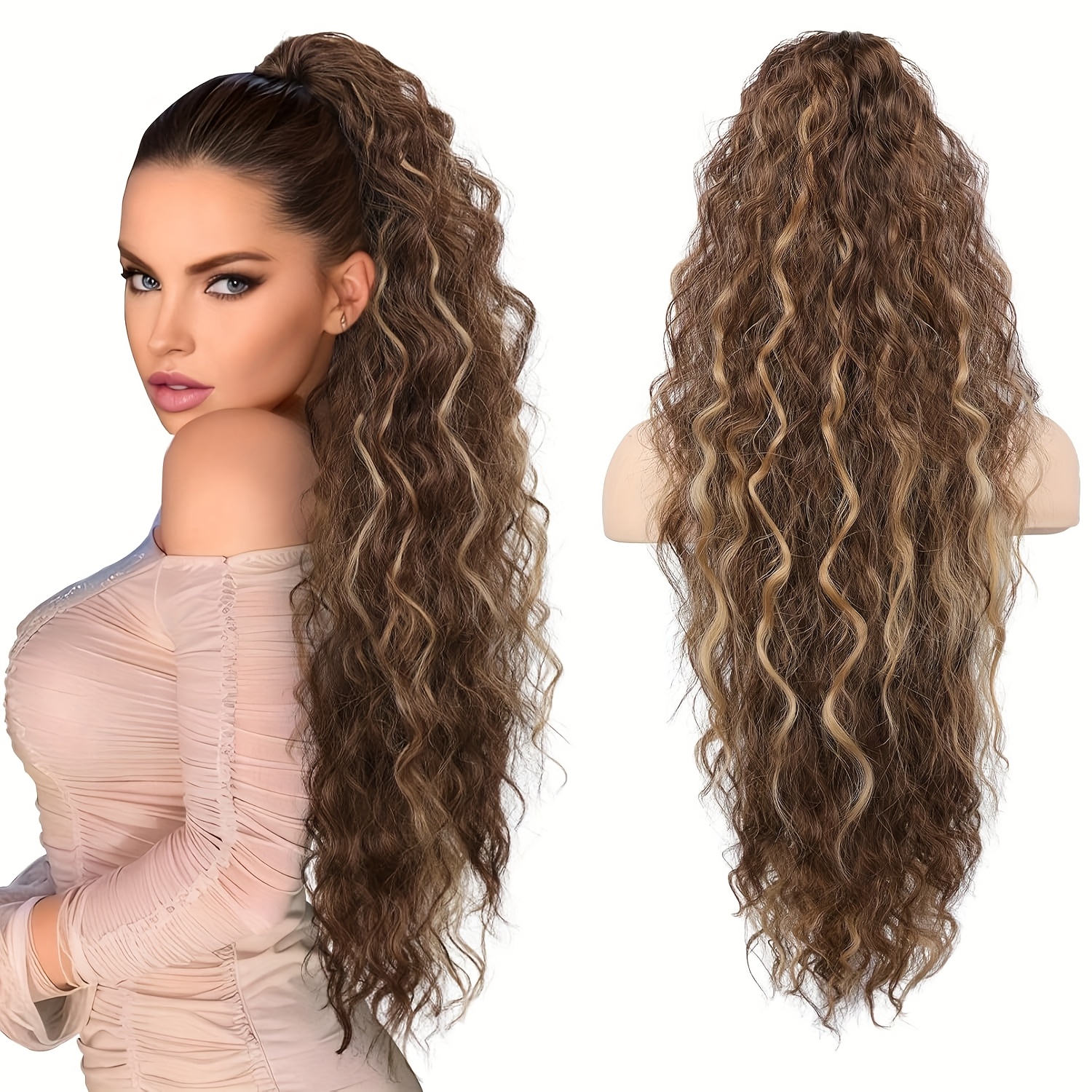 28 inch lightweight curly wave clip in hair extension multi layered synthetic hair for   ponytails chocolate brown unisex all   ponytail hair extensions versatile hairpiece multilayered texture easy application hairpiece details 7