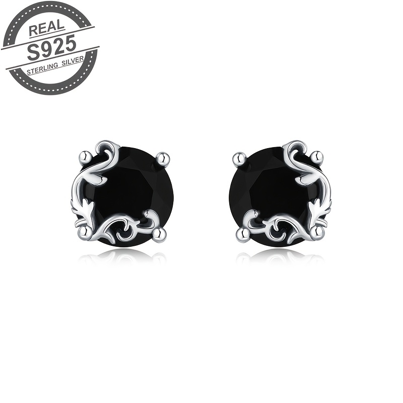 

1pair 925silver Vintage Carved Black Earrings Hypoallergenic Minimalist Fashionable Earrings For Women