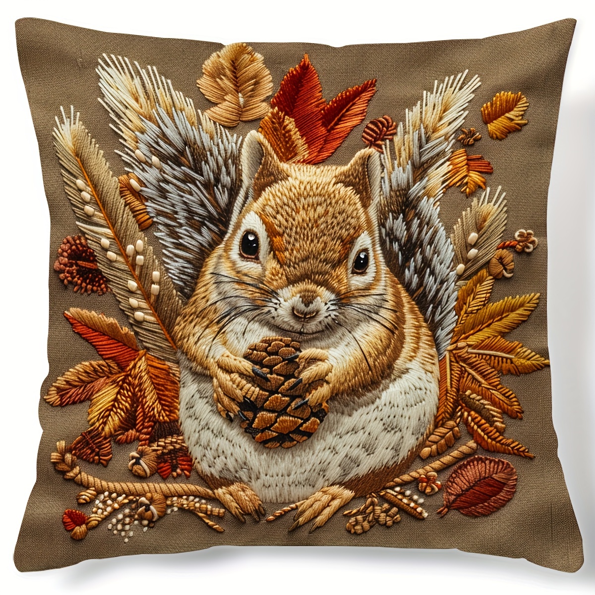 

Autumn Squirrel Throw Pillow Cover 17.7" - Contemporary Polyester Pillowcase With Pumpkin, Maple Leaf & Sunflower Motif, Woven, Zip Closure - Hand Washable Decor For Sofa & Various Rooms - 1pc