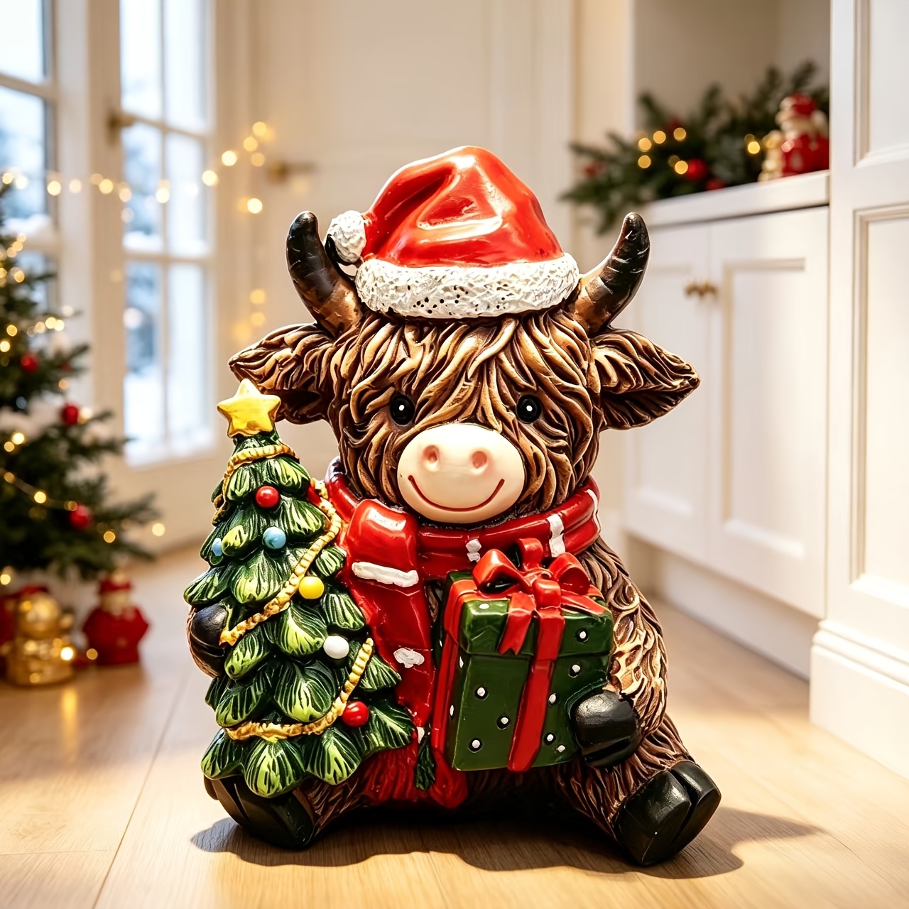 TEMU Christmas Resin Highland Cow Figurine, Santa Hat Christmas Tree Gift, Desktop Decoration Craft