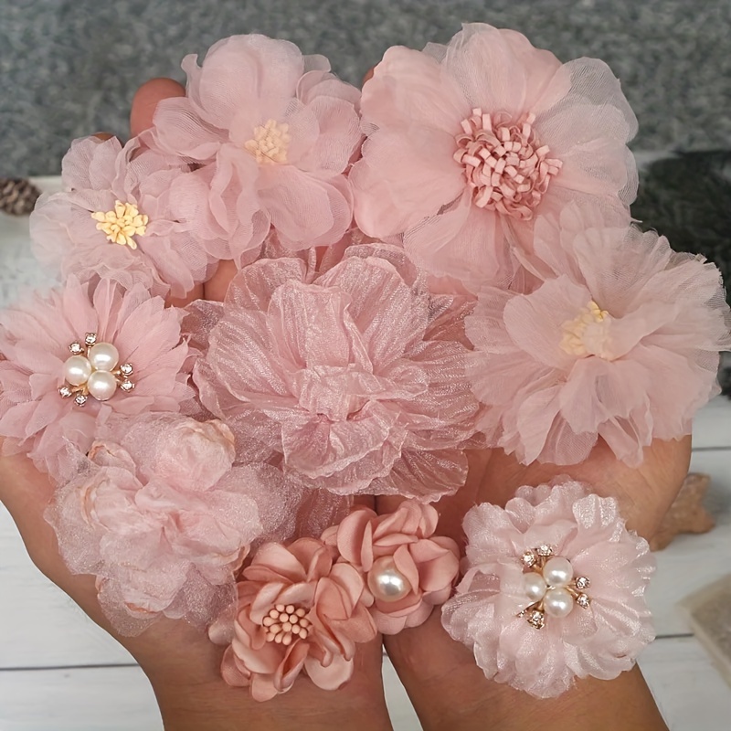 

10-piece Pink Fabric Flowers Set With Pearls And Rhinestones - Chiffon And Lace Floral Embellishments For Diy Bridal Hair Accessories, Hats, And Shoes Decor