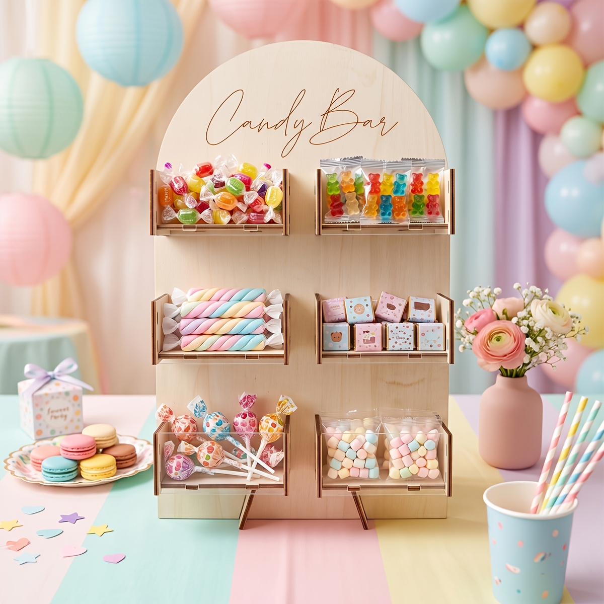 TEMU 1 Set, Arched Wooden Snacks Display Rack, Desktop Decor Candy Bar, Happy Birthday Party Table Centerpiece Decoration, Wedding Bride Party