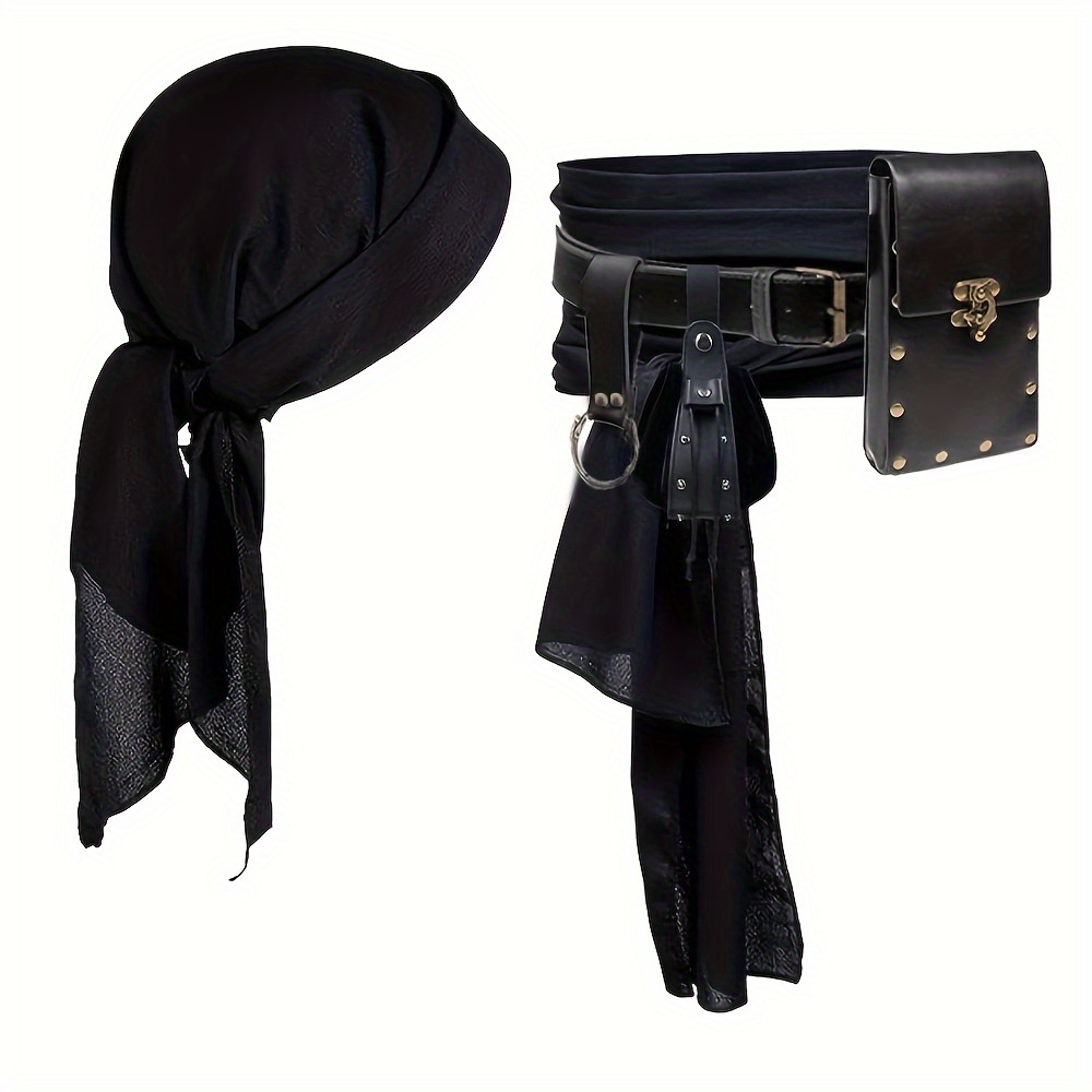 TEMU Elegant Pirate Costume Accessory Set With Pu Leather Waist Belt, Coin Purse, And Head Wrap For Festive Occasions - Hand Washable