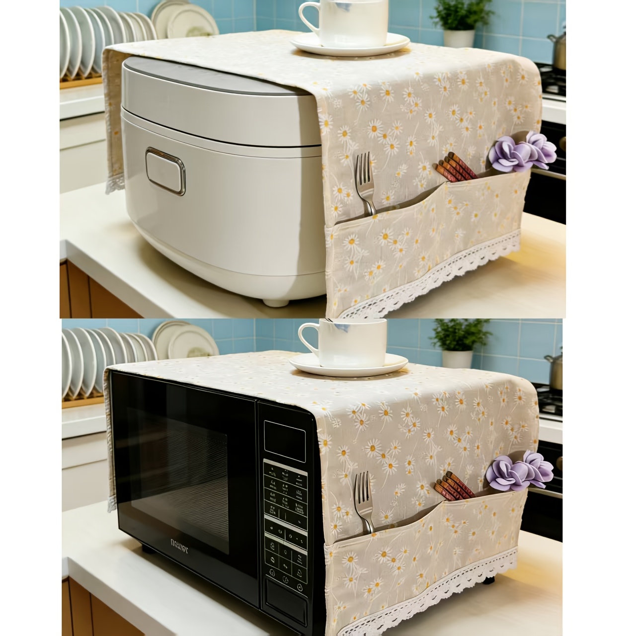 TEMU Durable Fabric Microwave Dust Cover With Dual Side Pockets For Storage, Small Cover Cloth For Convection Oven, Oven Dust Cover, Lace-trimmed