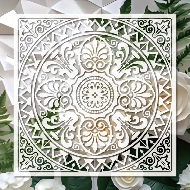 Image of Reusable 30.0 X 30.0 Cm Mandala Floor Tile Stencil - Floral And Geometric Patterns, Suitable For Concrete, Tiles, Walls, And - Durable Home Decor Project Template, Reusable Edges Designer Special