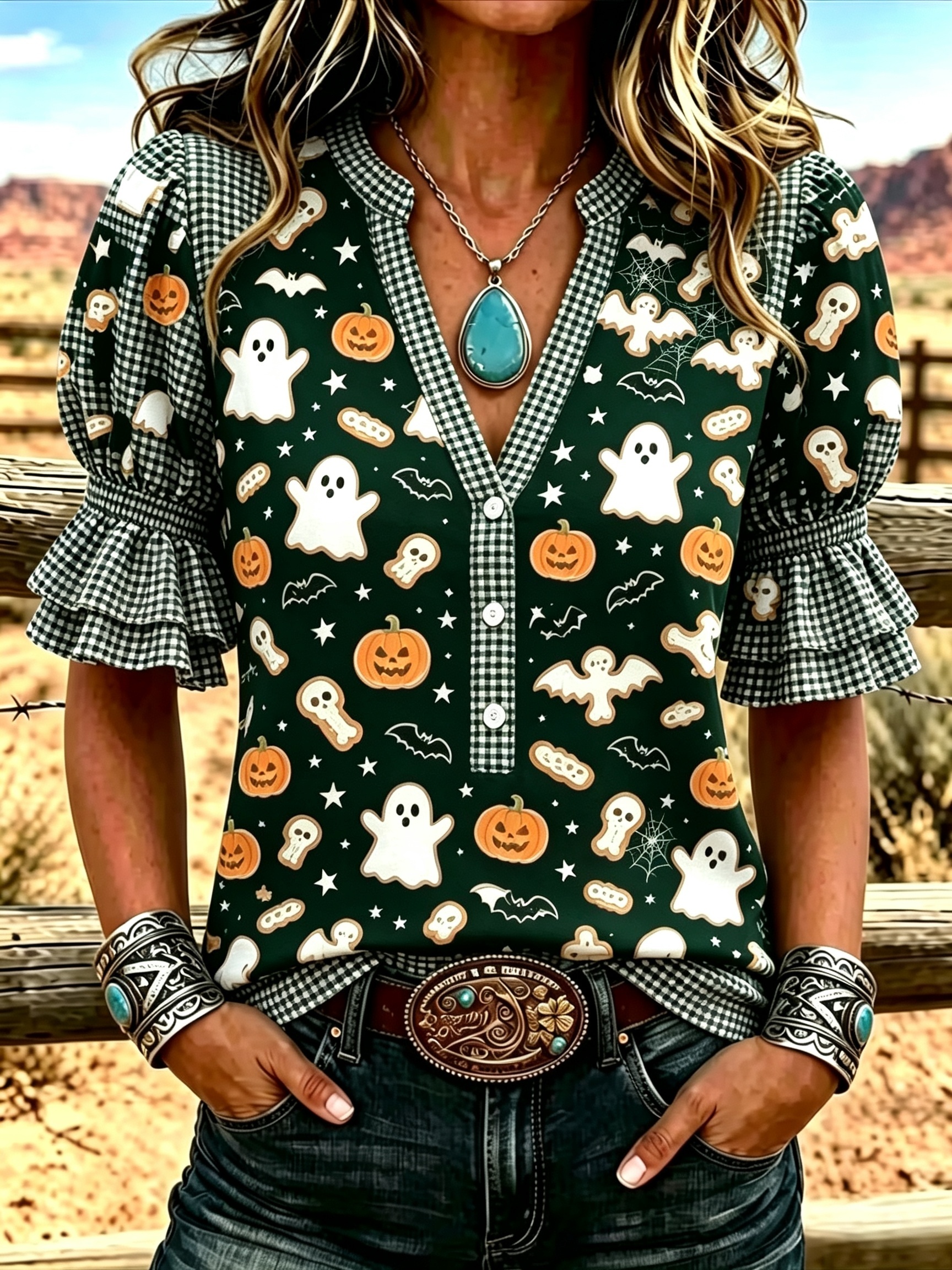 halloween floral print womens double ruffle sleeve blouse casual v neck button shirt lightweight summer top
