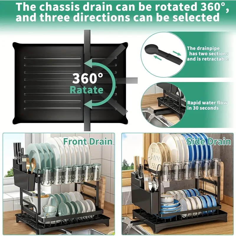 2 tier carbon steel dish rack with utensil holder cup hooks space saving double layer design for kitchen counter organization black white no electricity required dish drying rack sleek black durable kitchen rack dish drying rack Product details 6