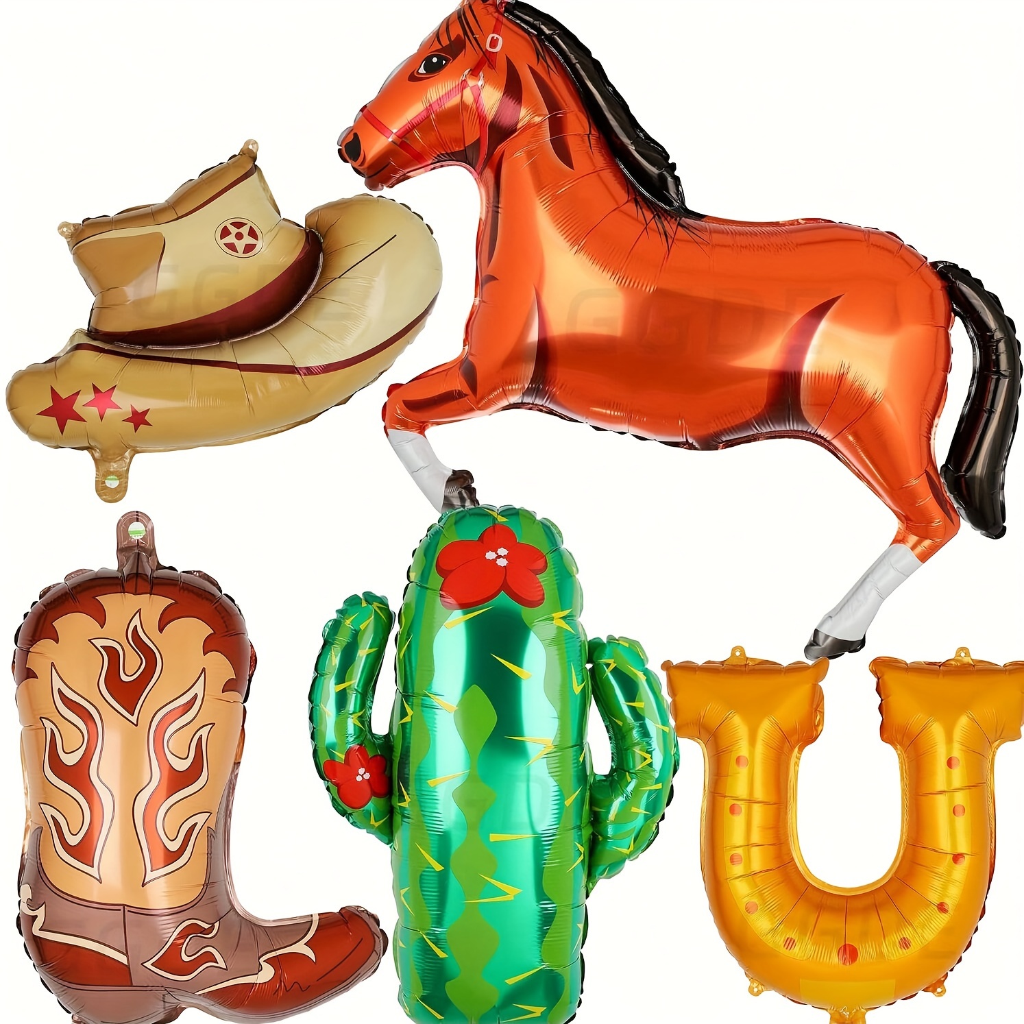 

Western Themed Party Balloons: Horse, Cowboy Boots, Cowboy Hat, Cactus, And Umbrella - Perfect For Wild West Birthday Or Bachelorette Party Decorations