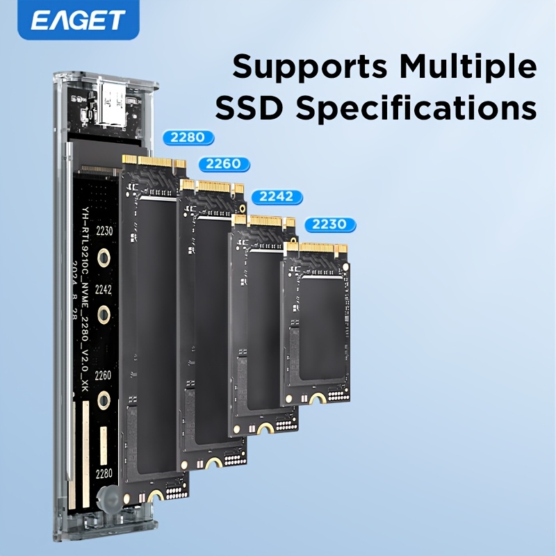 adaptador de carcasa eaget sin herramientas para m.2 sata/nvme - transparente para de externa para ssds 2280, 2260, 2242, 2230 pci-e m&b-key con convertidor usb 3.2 tipo c (ssd no incluido), eaget 4