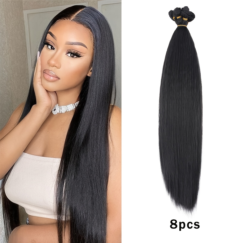 TEMU Bellqueen 8 Paquetes de Cabello Sintético Largo y Liso para Extensiones de Fibra de - Cabeza Completa 22/24/26 Pulgadas (Color 1B, 310g por