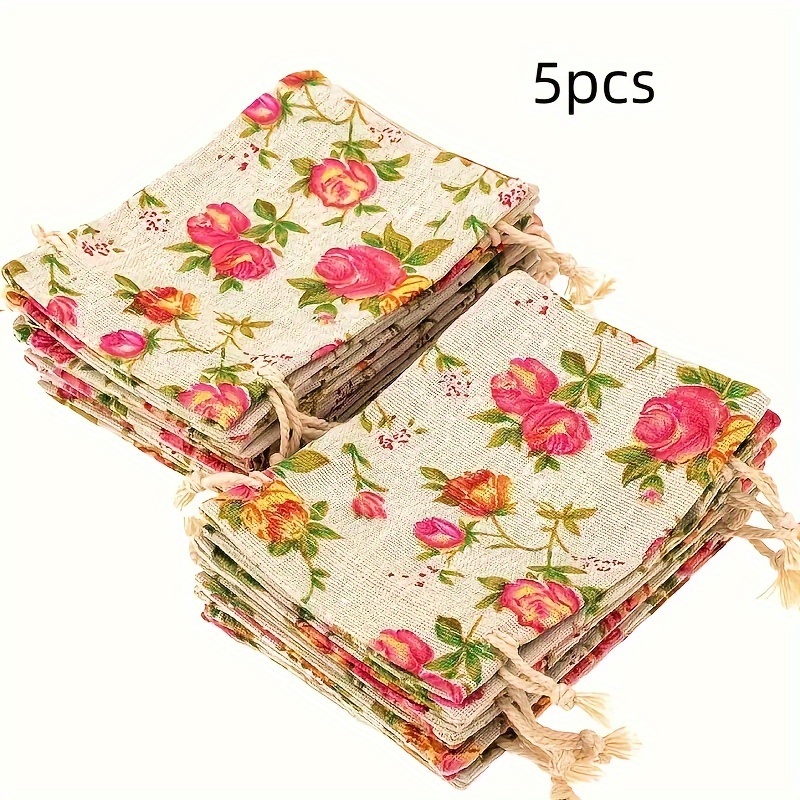 E-shop Geschenk für Sie/Ihn 5/10 Stück, Rosen-Jute-Bastelbeutel mit Kordelzug, Aufbewahrungsbeutel für Accessoires Schmuck, Weihnachtsgeschenktüten,