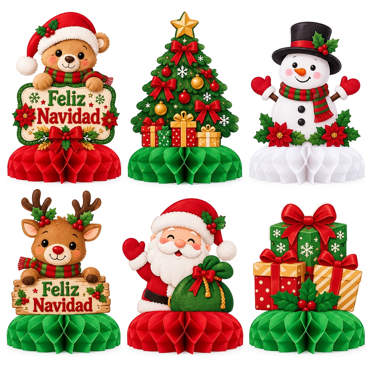 TEMU 6pcs/set Spanish Christmas Celebration Honeycomb Desktop Ornaments 3d Clay Santa Claus Snowman Reindeer Patterns For Festive Table Scene