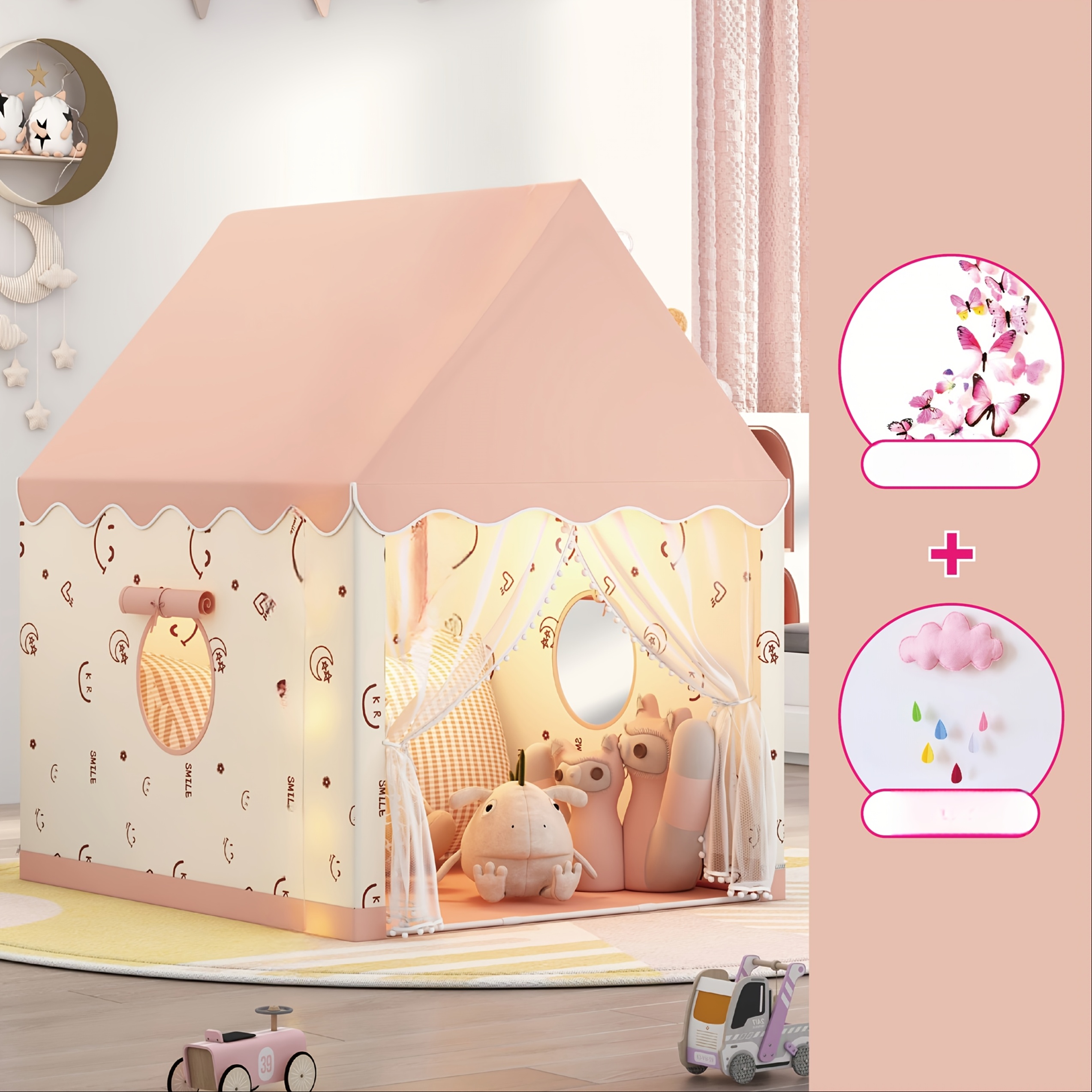 Pink Beige Tent With Clouds And Butterflies, No Light, Divided Bed Magic, Children&;s Tent ,halloween,christmas