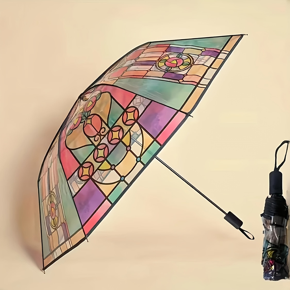 

Retro Window Flower Pattern Transparent Folding Umbrella, Casual Durable Portable Waterproof Umbrella For Men & Women
