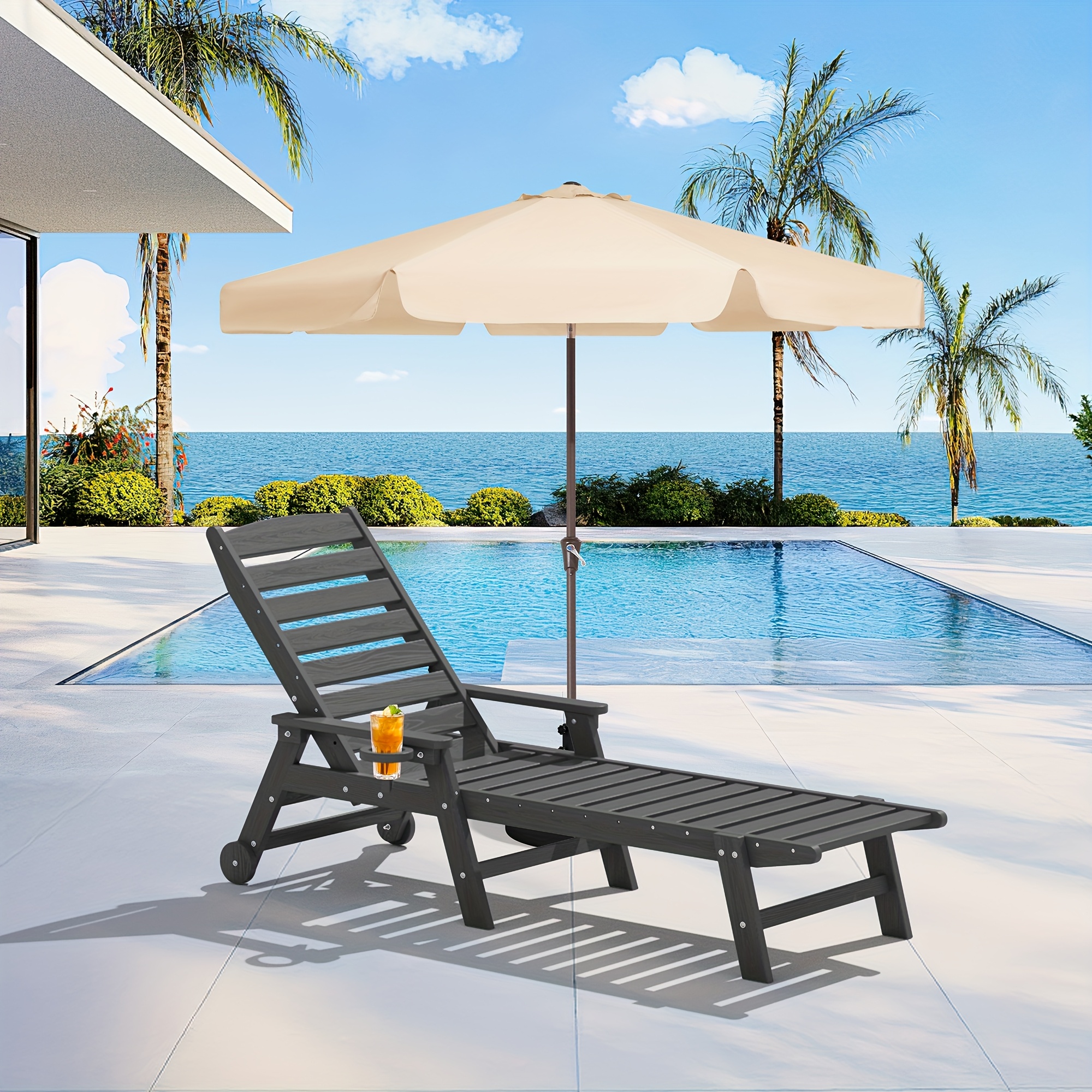 justlet adjustable outdoor lounge chair with cup holder wheels black plastic frame beige canopy   poolside patio and courtyard relaxation outdoor chair cushions