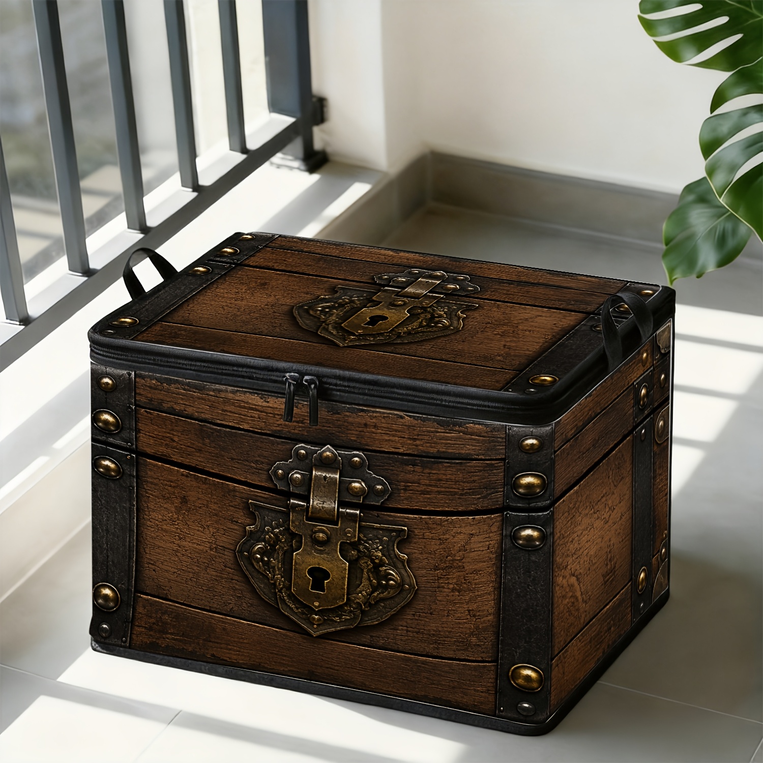 TEMU 1pc Retro Style Storage Box, Foldable Polyester Fabric Organizer With Zippered Lid & Reinforced Handles, Large Capacity Clothing Blanket Bedding