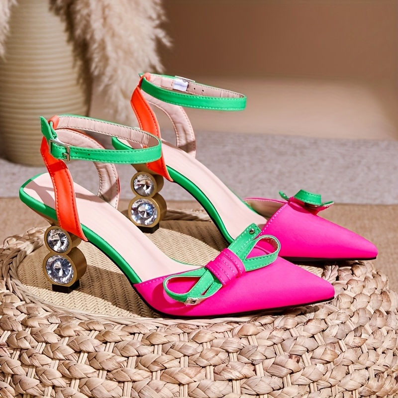 Colorful Contrast High Heels for Women - Stylish Pink & Green Pointed-Toe  Shoes with Colorful Bow Details, Fabric Upper, Microfiber Insole, Rubber  Sole, Ladies Dress Shoes