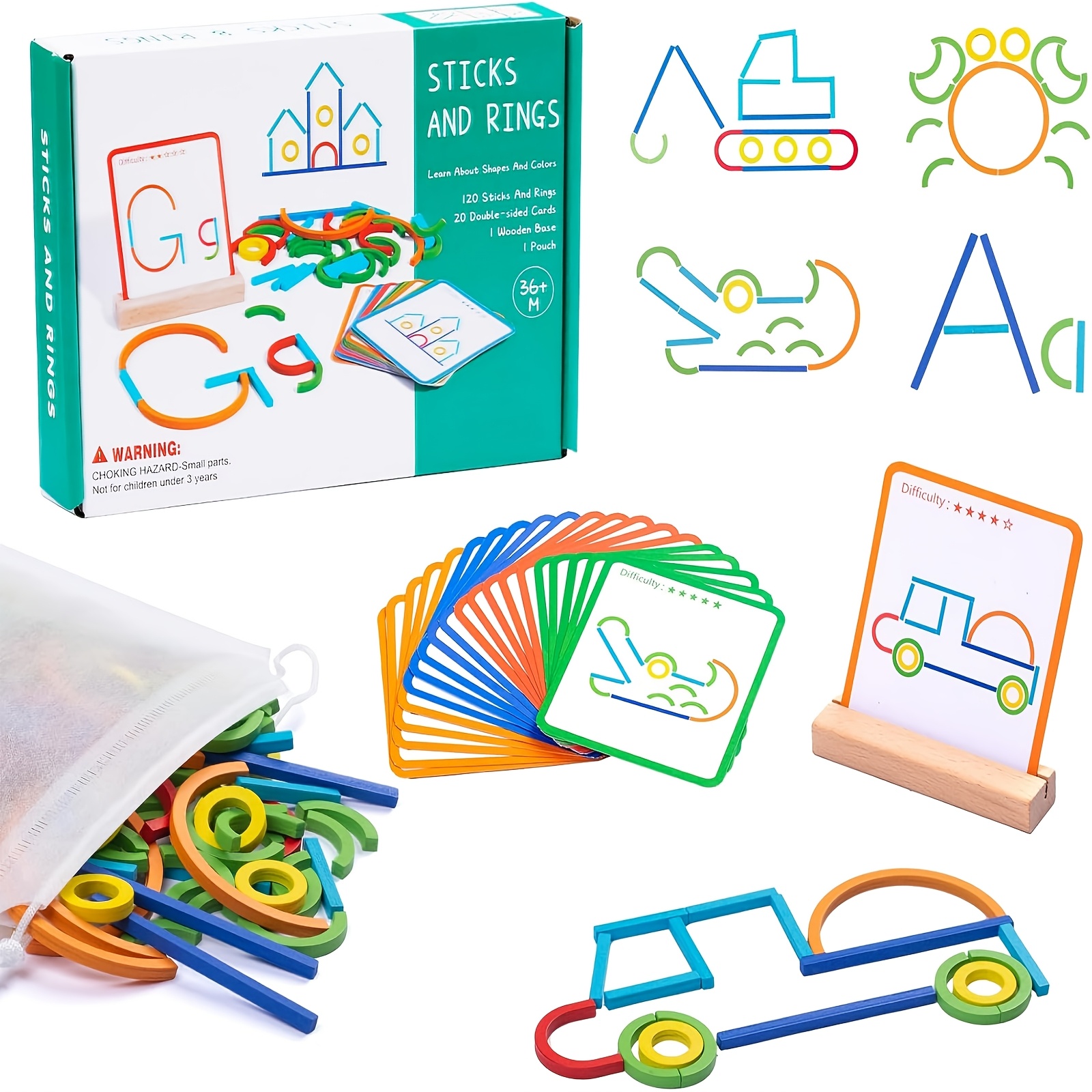 item picture wooden creative sticks and rings educational toy intelligence development creative sticks with pattern cards childrens fine motor skills and   development toy perfect birthday and christmas gift