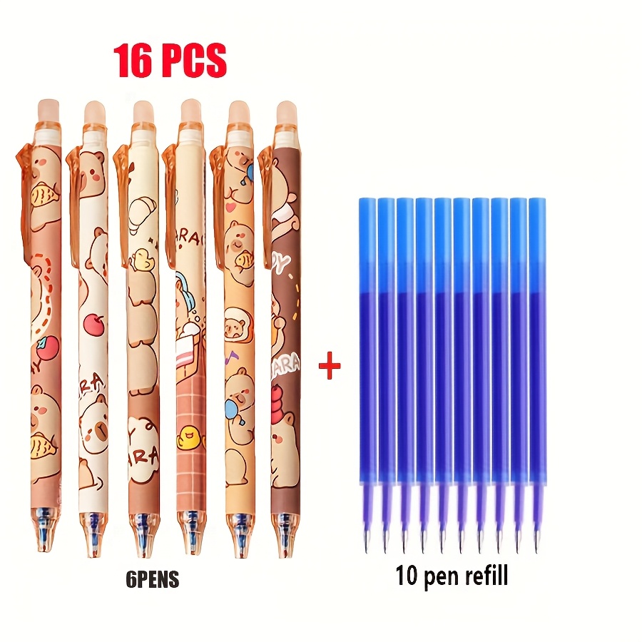 TEMU Lot de 16 pièces - Stylos gel effaçables mignons Capybara, encre bleue rétractable 0,5 mm, adaptés pour et . Écriture fluide et à séchage rapide