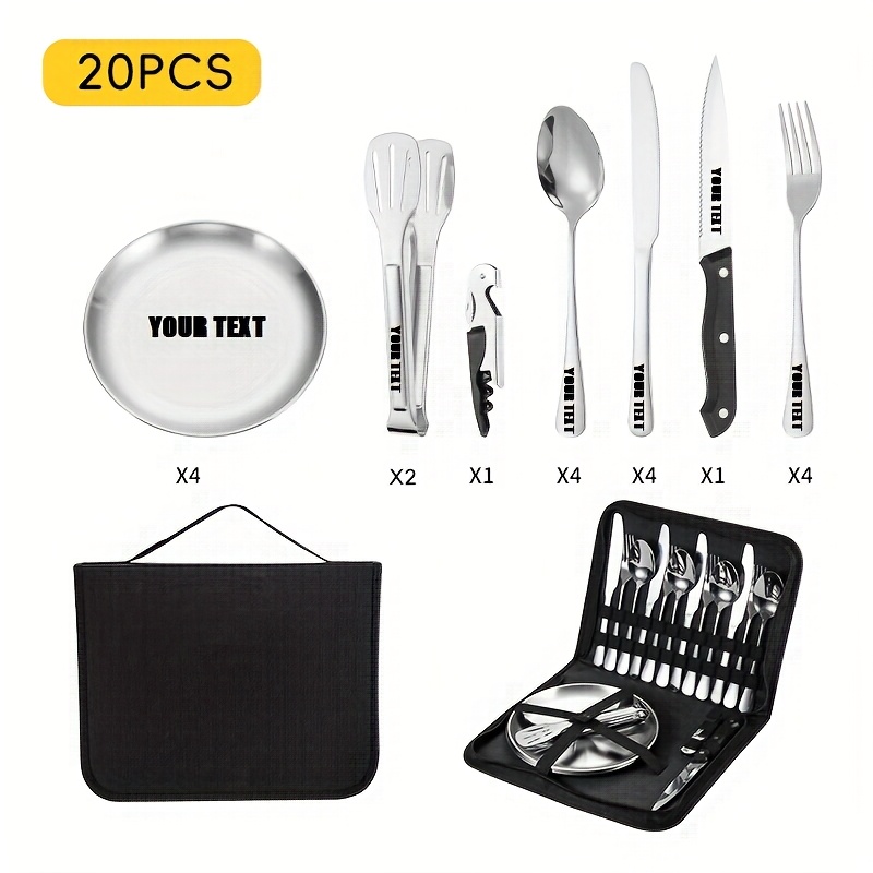 customize your text 11 20pcs golden silvery storage bag stainless steel cutlery set knife   clip bottle opener plate camping picnic barbecue outdoor cutlery camping picnic steak knife   set Product details 3