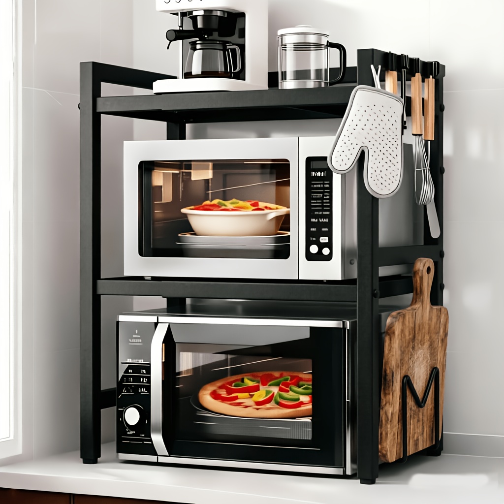 TEMU Expandable Microwave Oven Rack, Microwave Oven Stand Shelf Above Kitchen Countertop, With Hooks And Cutting Board Rack | Kitchen Countertop