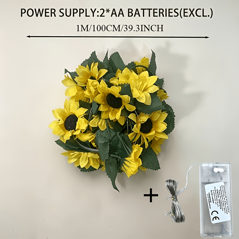 TEMU 1pc 1m/10led Boho Sunflower Vine Led String Lights, Warm Yellow Sunflower Garland, Battery Powered Indoor Decor, Summer Parties, Weddings,