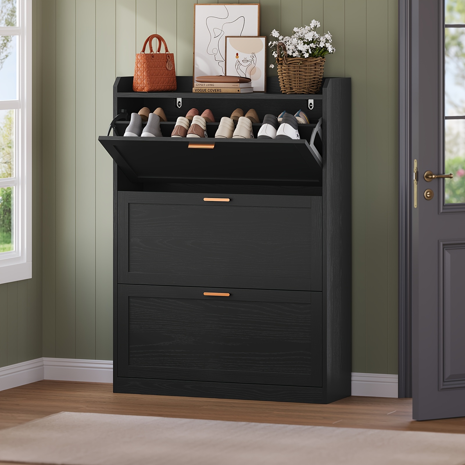 Image of Shoe Cabinet With 3 Flaps, Narrow Shoe Cabinet, Adjustable Partition, Hallway, Portals, 24 X 80 X 121cm