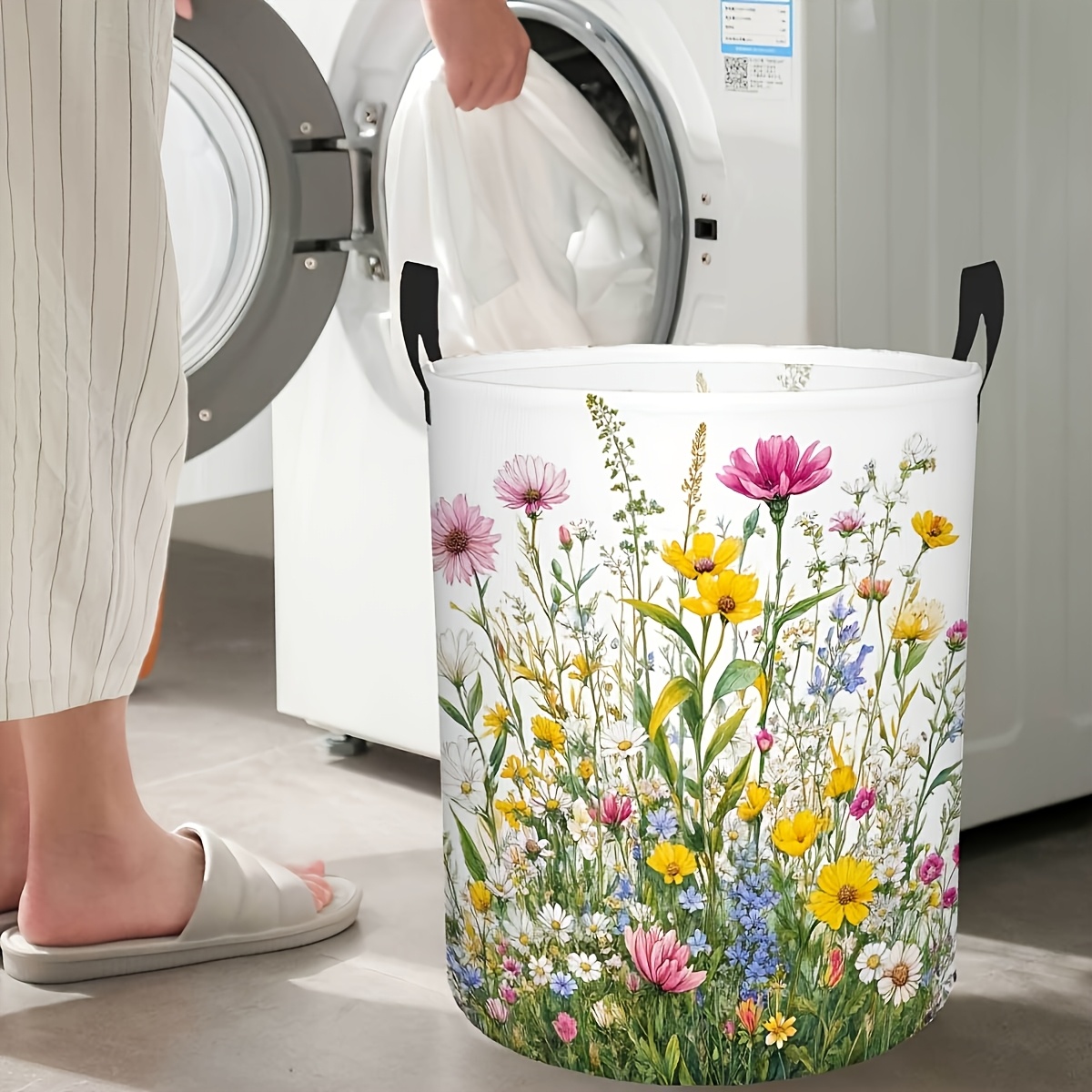 TEMU 1pc Modern Round Flower Laundry Basket With Design - Foldable Space- Hamper Suitable For Bathroom, Bedroom & Closet Storage, Durable Polyester