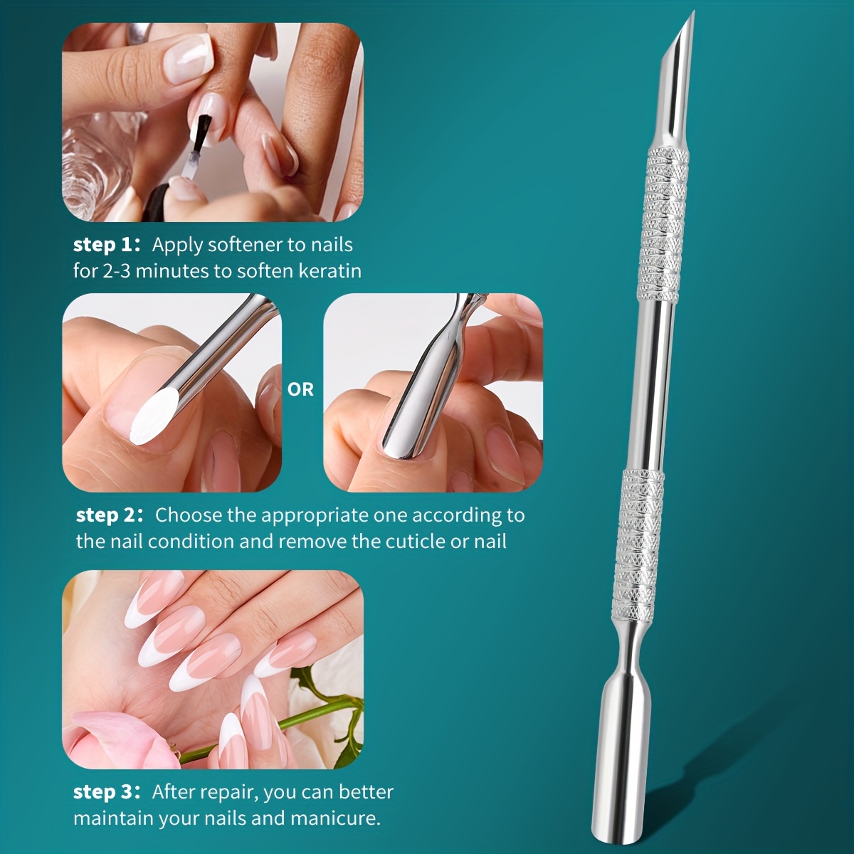 Image of Cuticle Pusher, Double-ended Cuticle Remover, With 240 Sandpaper, Professional Stainless Steel Nail Cuticle Pusher Nail Care Nail Prep, For Manicure Pedicure Nail Art
