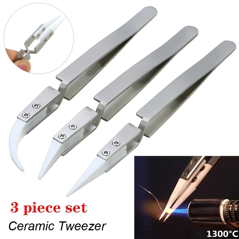 

3pcs Precision Ceramic Soldering Tweezers With Straight Tips - Anti-static, Acid Resistant For Electronics & Manufacturing