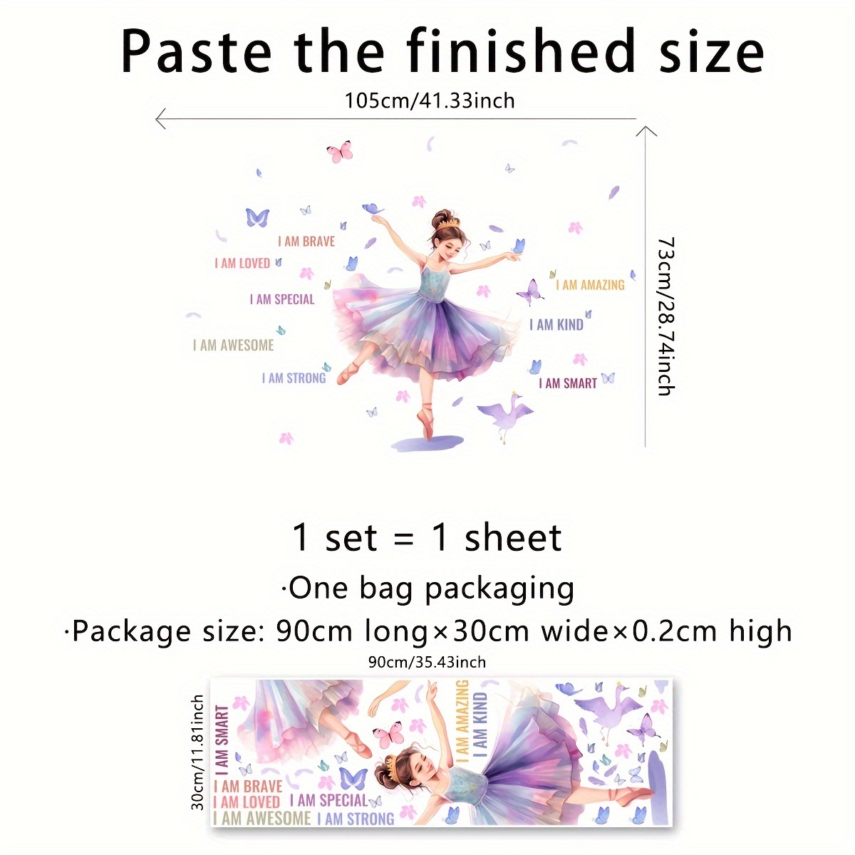 TEMU 1pc Artistic Pvc Wall Decal, Ballerina Butterflies Mural, Self-adhesive Wall Art Sticker For Bedroom, Entryway, Living Room, Office, Porch, Background Wall Decor, Home Decoration