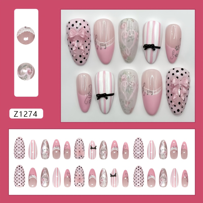 E-shop Pinke Französische Katzenaugen Spitze Notiz Weinrebe Schleife Polka Dot Abnehmbare Nagelsticker