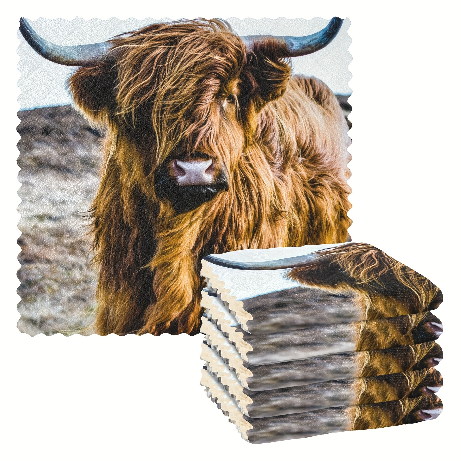 TEMU Pack Of 6 Highland Cow Kitchen Towels - Soft, Reusable & Absorbent Dishcloths With Rustic Animal Print, Dishes, Counters & Bathroom Cleaning,