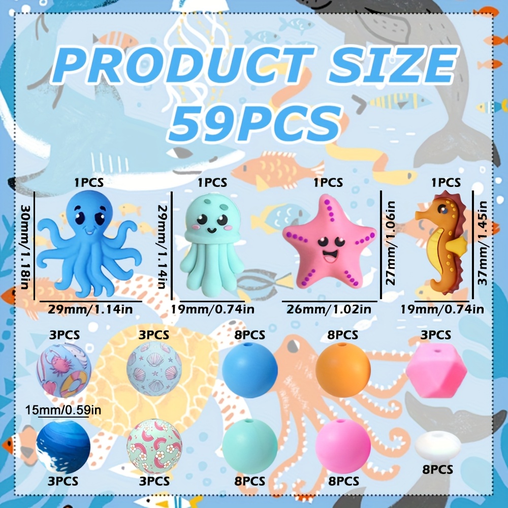 TEMU 59 Silicone Beads, Three-dimensional Marine : Starfish, Sea Anemone, Octopus Loose Spacer Beads, Suitable For Making, Daily Decoration And