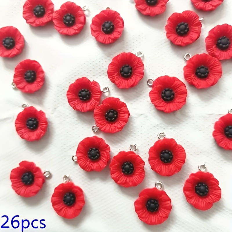 TEMU Lot de 26 pendentifs fleur de coquelicot rouge - Breloques en résine de 19 mm avec centres noirs et feuilles vertes, adaptés à la fabrication de