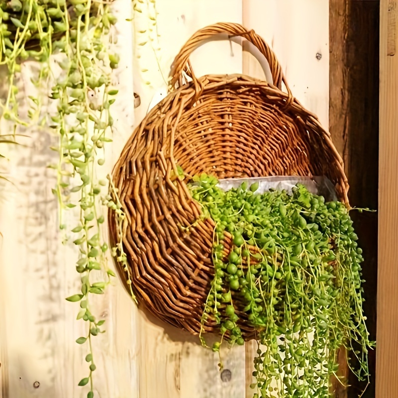 

1pc Rustic Wicker Wall Mounted Storage Basket - Foldable Weaving Bird Nest, Plant Pot Holder, Outdoor Garden Decor, Hand Washable, No Paint, Style