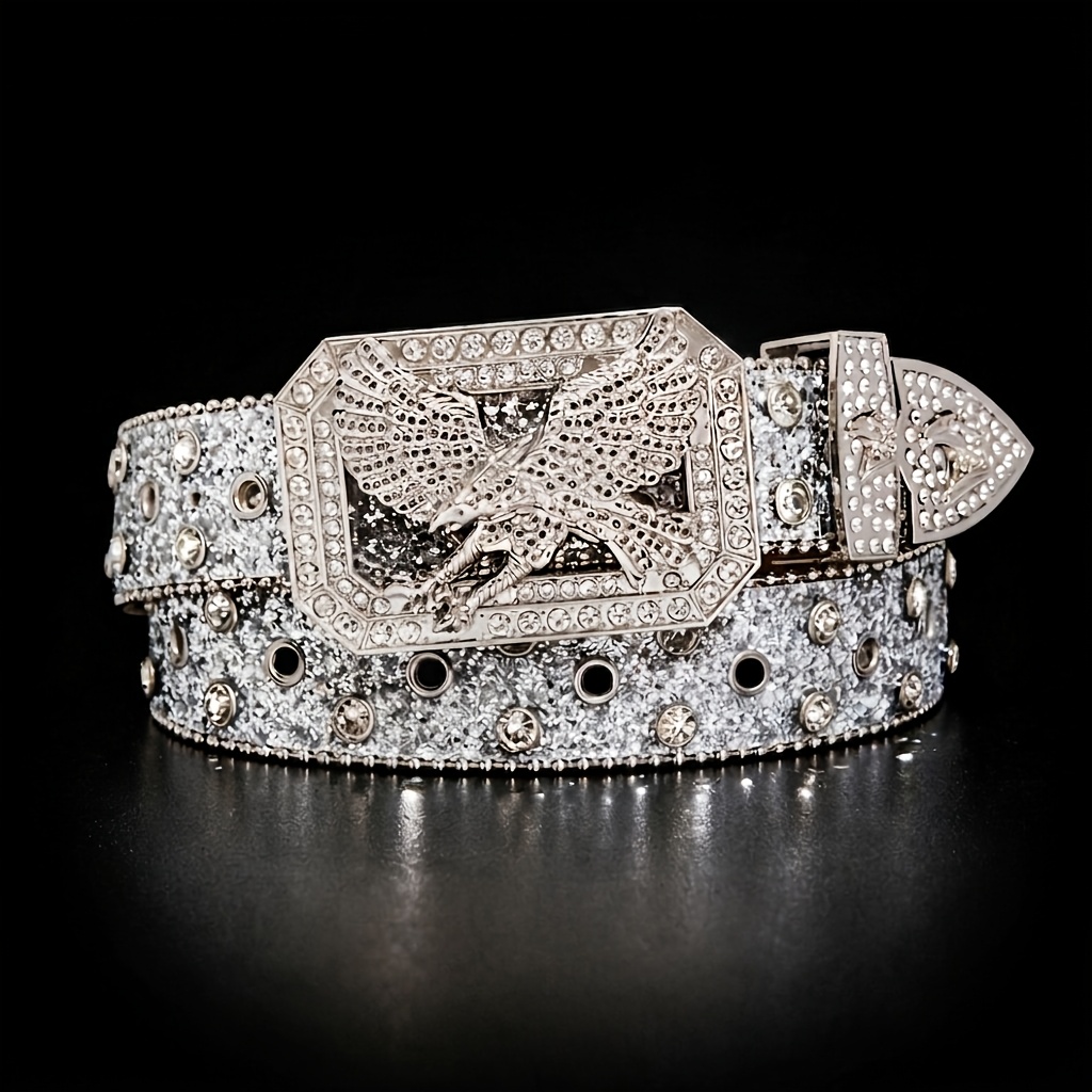 TEMU Men's Belt Featuring An Silvery With Rhinestones; Suitable For Casual Attire And Stylish Outfits. An Ideal Gift For A Boyfriend, Husband, Or