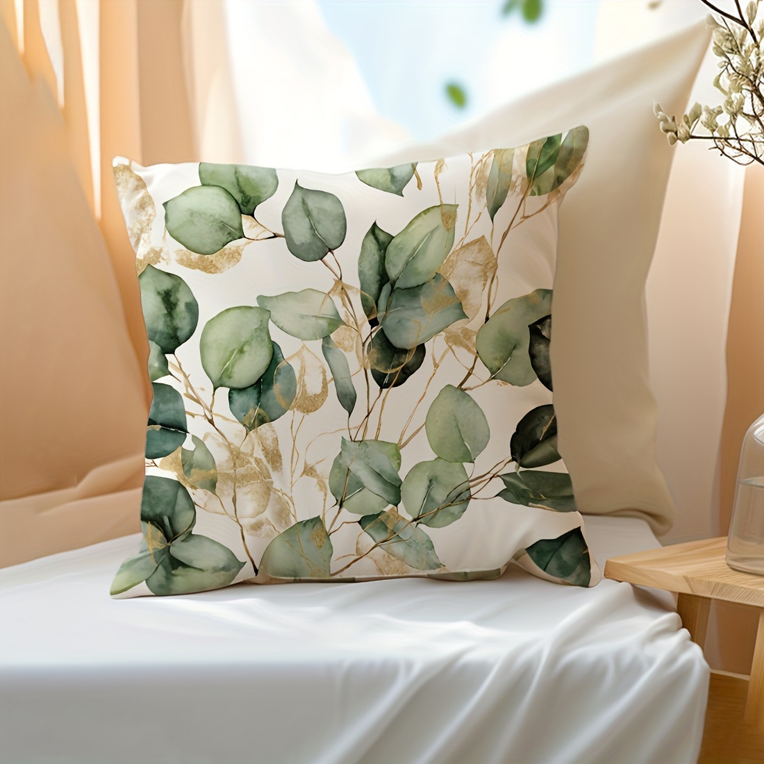 

1pc 17.7x17.7 Inches Eucalyptus & Golden Leaf Print Pillow Cover, Contemporary Style, Peach Skin Velvet Cushion Case For Car, Sofa, Bed, No Insert, Single-sided Print, Home Decor