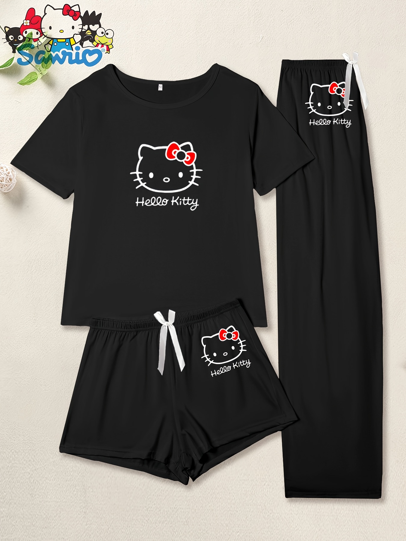3pcs   womens pajama set casual cartoon print round neck knit polyester with elastane spring summer sleepwear with bow detail Product details 0