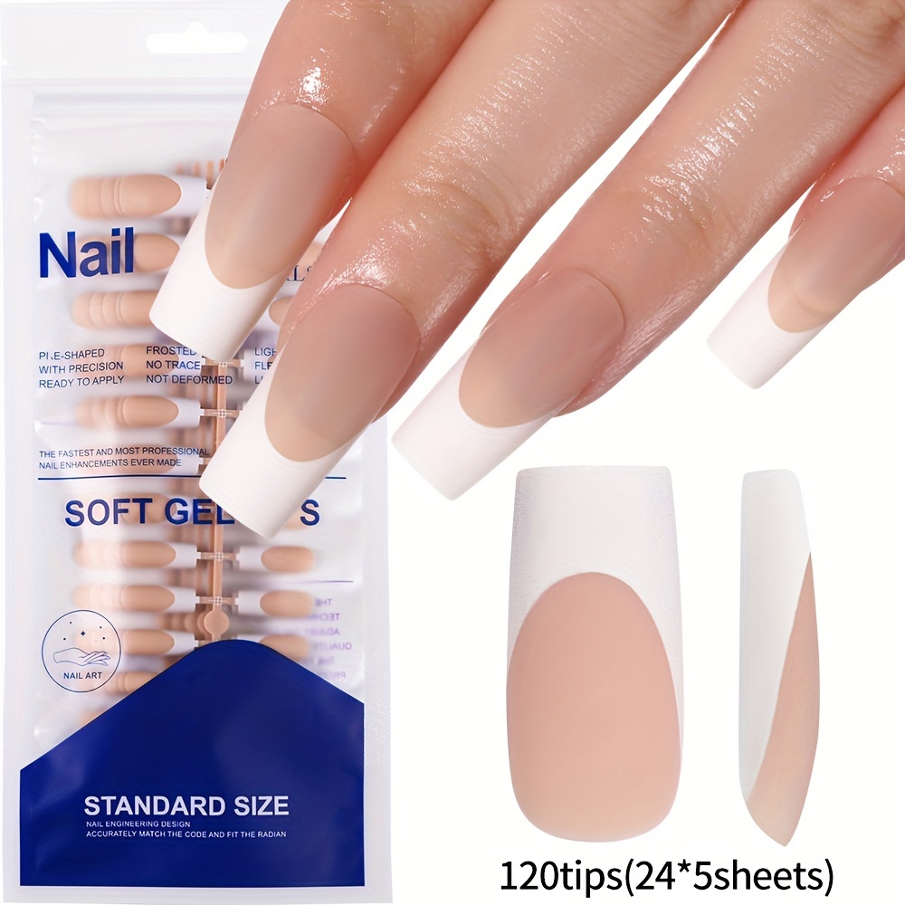 Image of 120pcs Of Soft Classic Flesh Color With White Edge Nail Tip Nail Wraps - Perfect For And Women - Medium Length, Square Shape, Glossy Finish Press On Nails - Easy