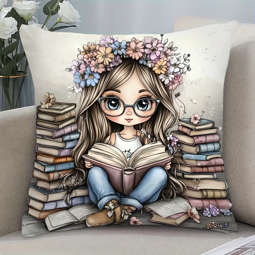 E-shop 1 Stück Vintage Buchwurm-Mädchen Lesekissenbezug - 18x18 Zoll Plüsch-Kissenhülle mit Reißverschluss, Buch- & Blumenbibliotheksdesign (Mädchen &