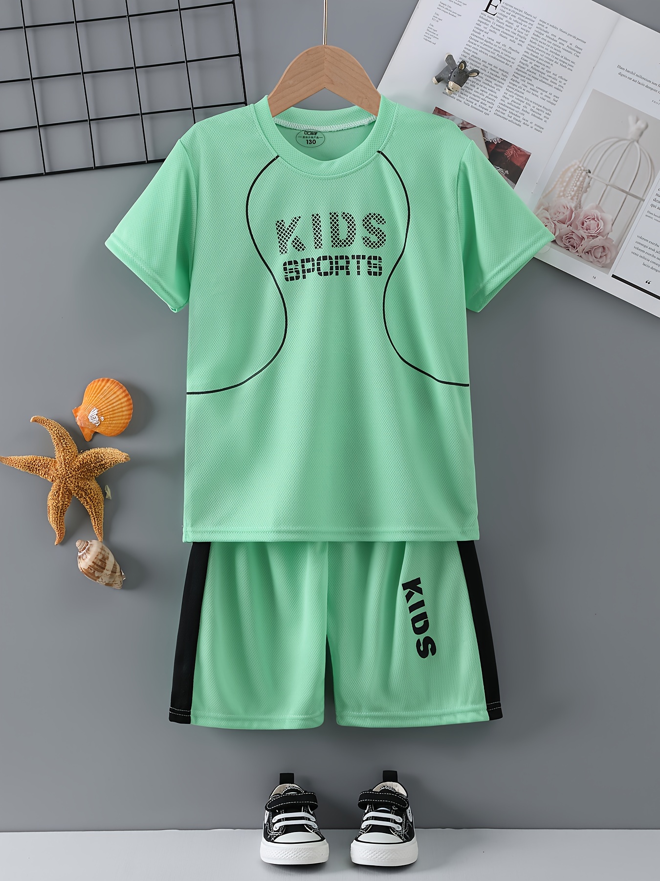 2pcs Kid Boy Letter Soccer Print Short-sleeve Tee and Colorblock Shorts Set
