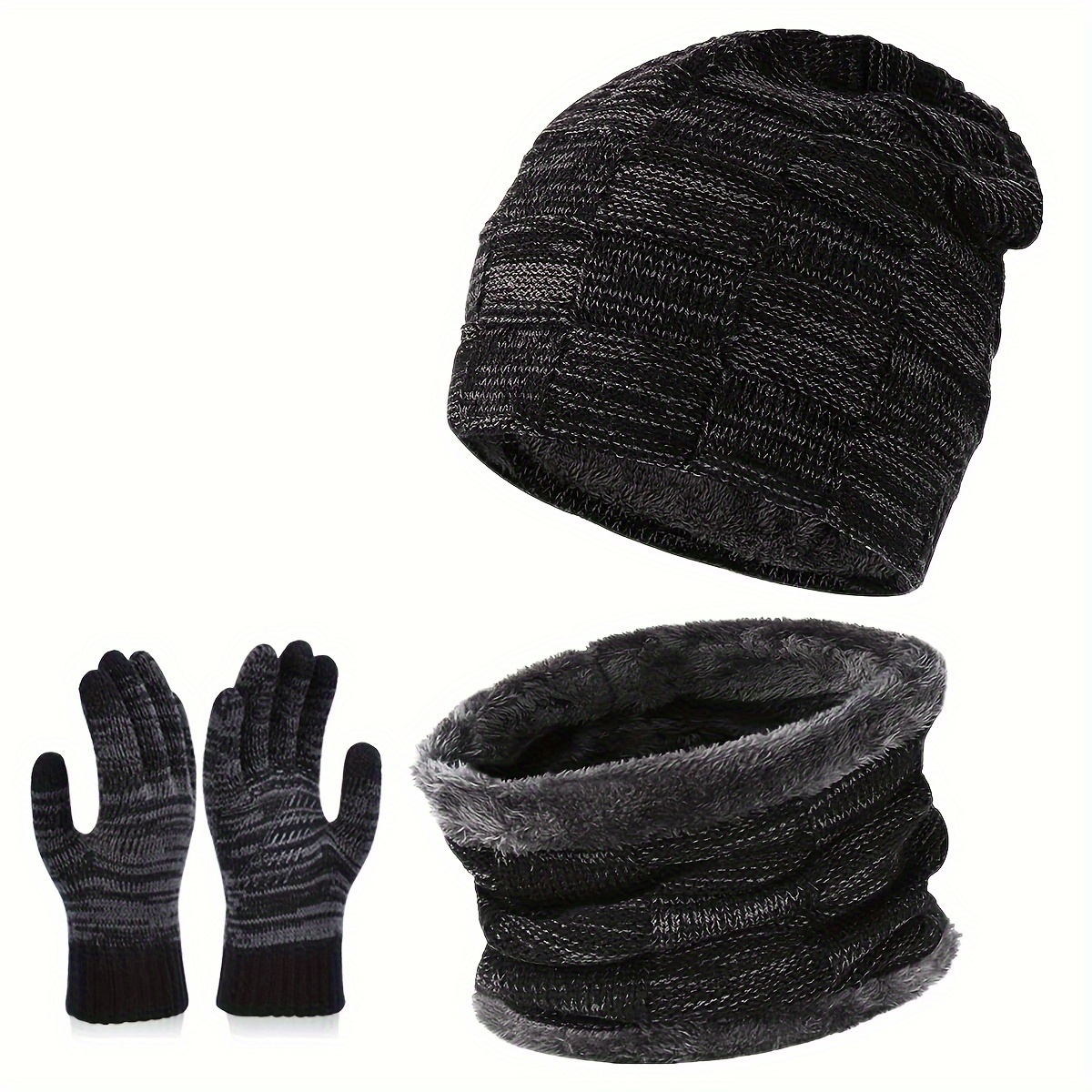 3pcs Winter Beanie Hat Scarf Gloves Set Thick Fleece Lined Warm Knit Ski Hats Skull Cap For