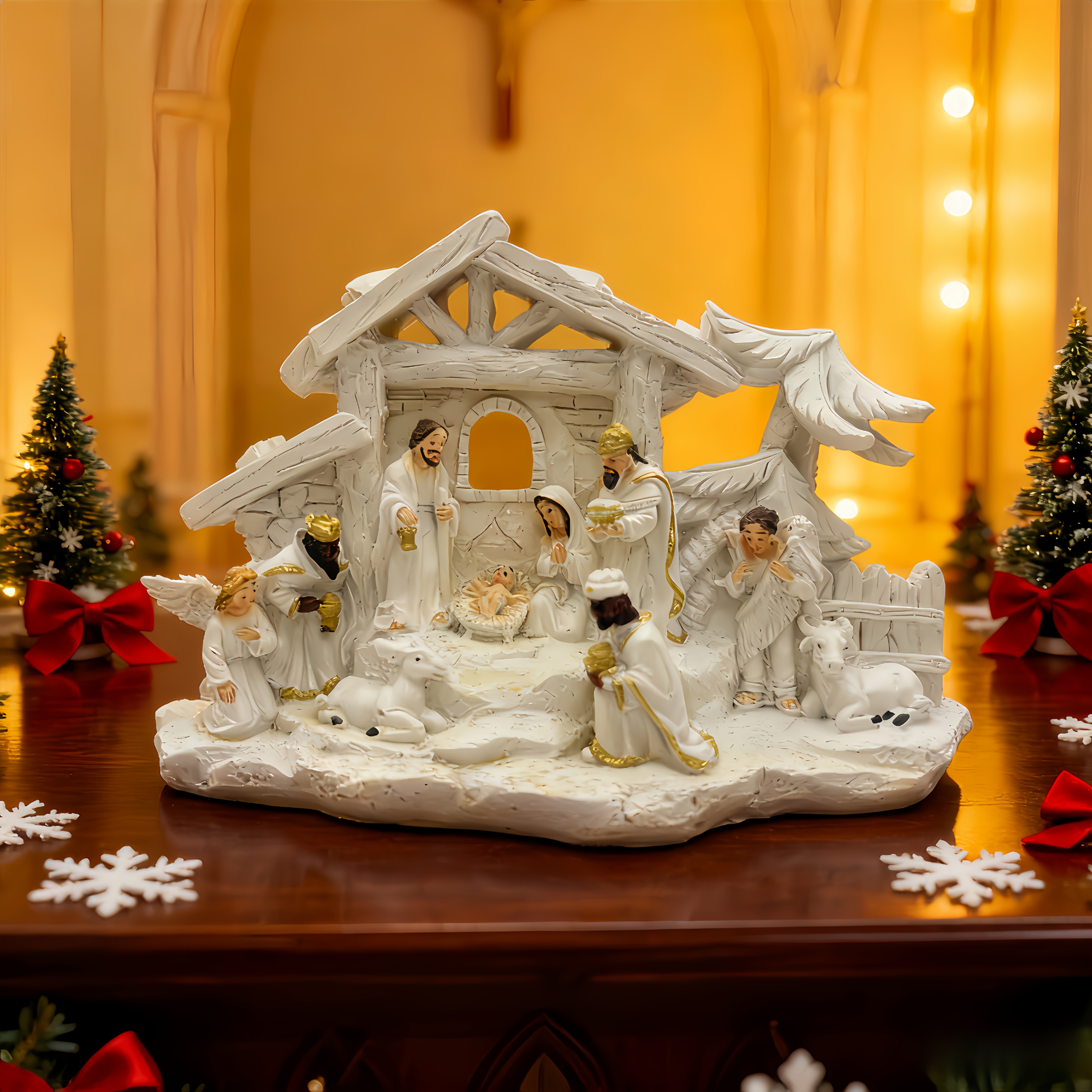TEMU 3.9-inch Christmas Nativity Scene Statue, Classic Stable House Sculpture, Desktop Home Holiday Decoration Ornament, Suitable For Desktop,