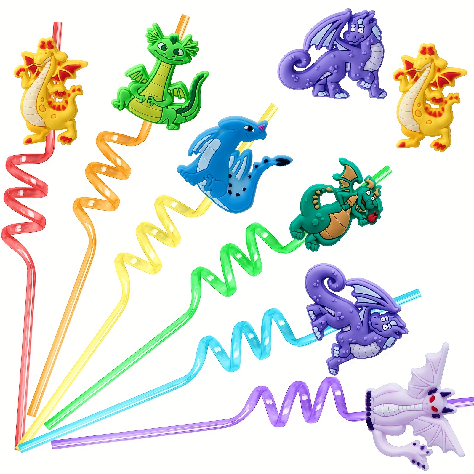 

6-pack Reusable Dragon-themed Party Straws, Polypropylene Material, Ideal For Birthday Party Supplies And Decorations