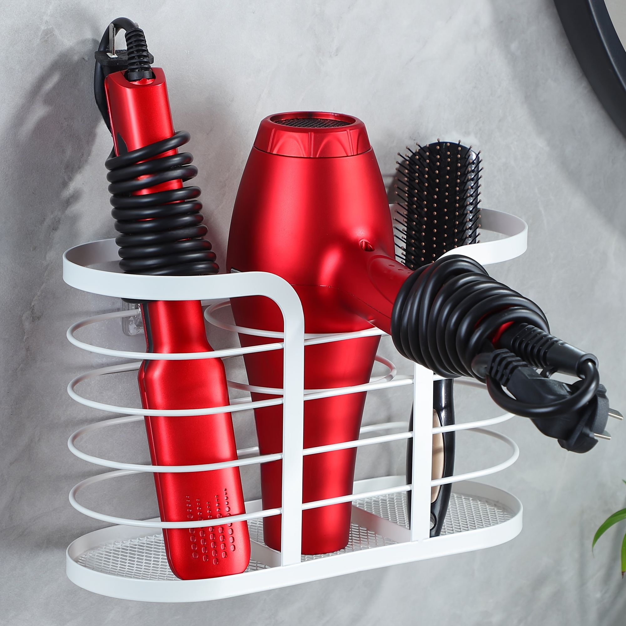 E-shop Eine ovale, wandmontierte Haartrocknerhalterung, ein dreifach integrierter Styling-Tool-Organizer und Trocknerbasis, ein höhenverstellbares