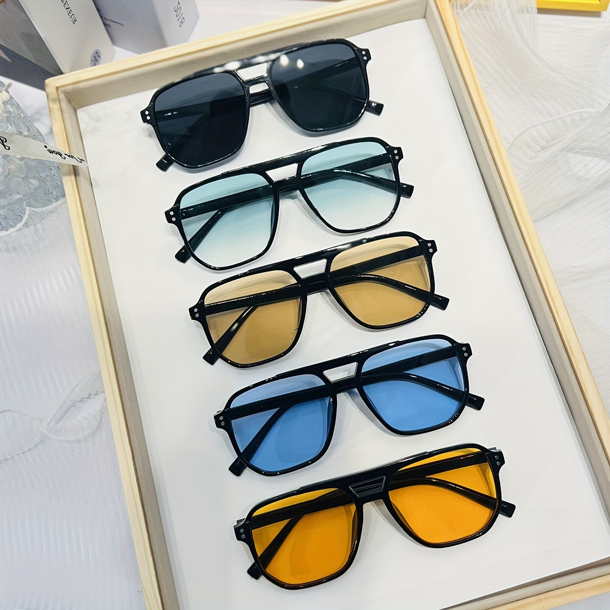 

5pcs Men's Geometric Square Multicolor Lens Fashion Glasses - Double Beam Flat Top Large Size Glasses