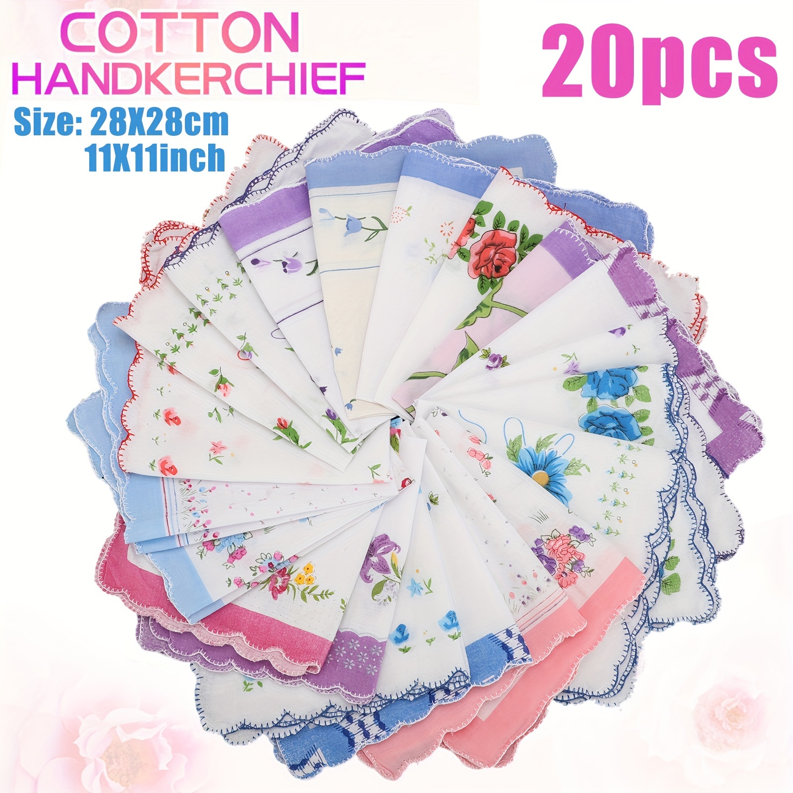 

20pcs Women's Handkerchiefs, 100% Cotton Hankies, Vintage Floral Print Square Hanky, Random Color Handkerchief For Ladies