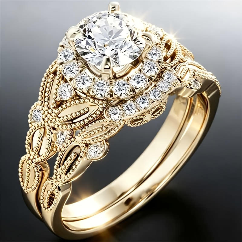 TEMU 2pcs Elegant Women's Stackable Copper Rings Inlaid Sparkling Zirconia Engagement Rings And Wedding Bands Bride Valentine's Day Gift Wearing