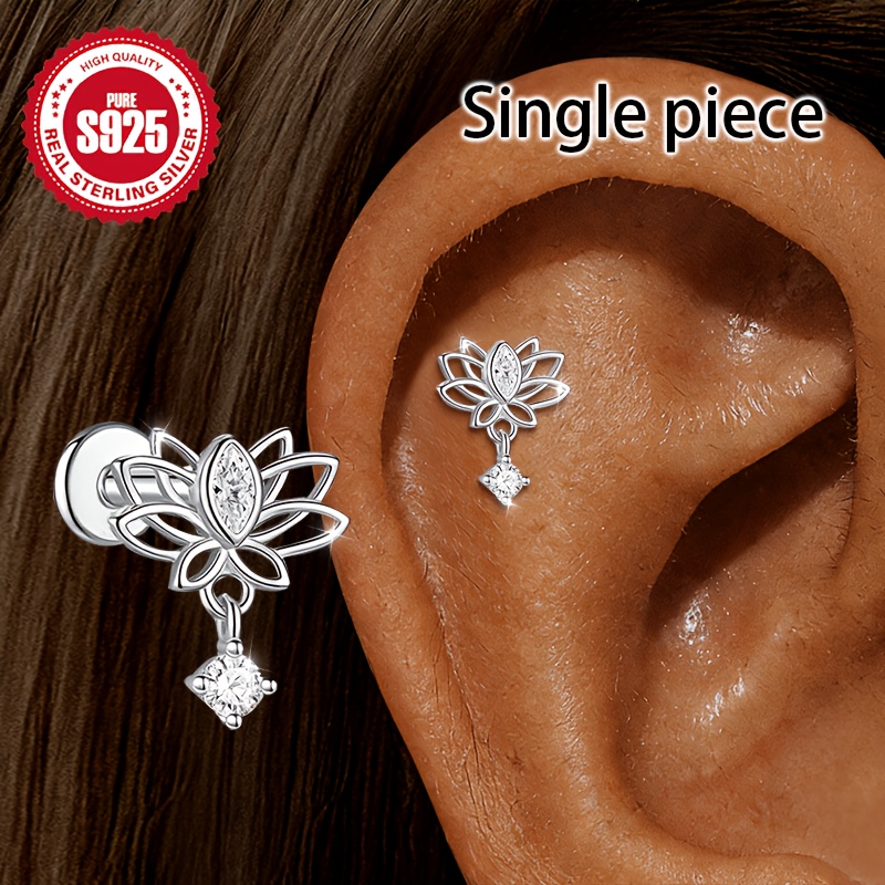 TEMU Single Piece S925 Silvery For Lotus Ear Cartilage Stud, Featuring Synthetic Zirconia Accents, Hollow For Lotus Design, Spring Summer Earring,